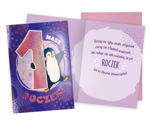 KARNET DKP-032 URODZINY 1 ROCZEK, CYFERKI, PINGWINEK PASSION CARDS - KARTKI