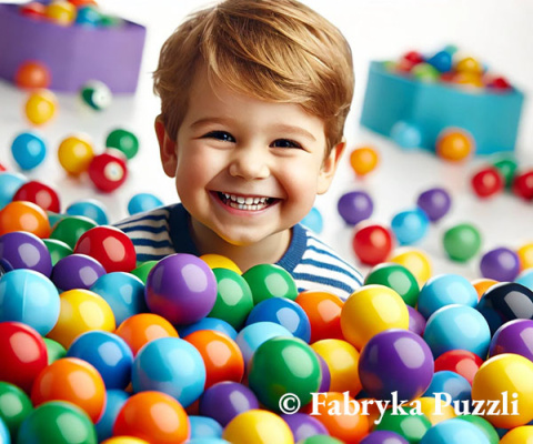 Dziecko bawiące się kolorowymi piłeczkami basenowymi na białym tle.