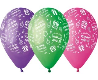 BALONY PREMIUM "W DNIU URODZIN", KOLOROWE, 12" / 5 SZT. GODAN