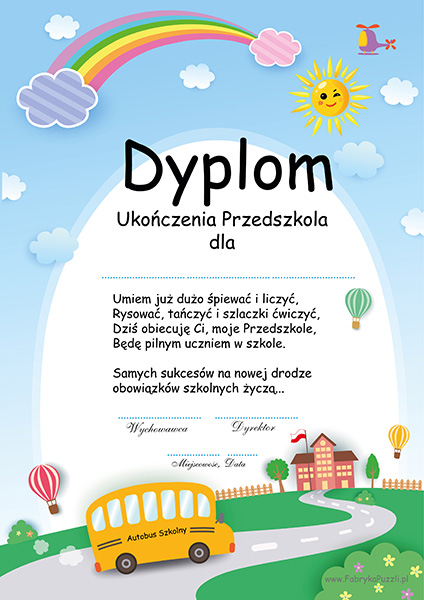 Dyplom ukończenia przedszkola - Darmowy do pobrania PDF - Wzór 1